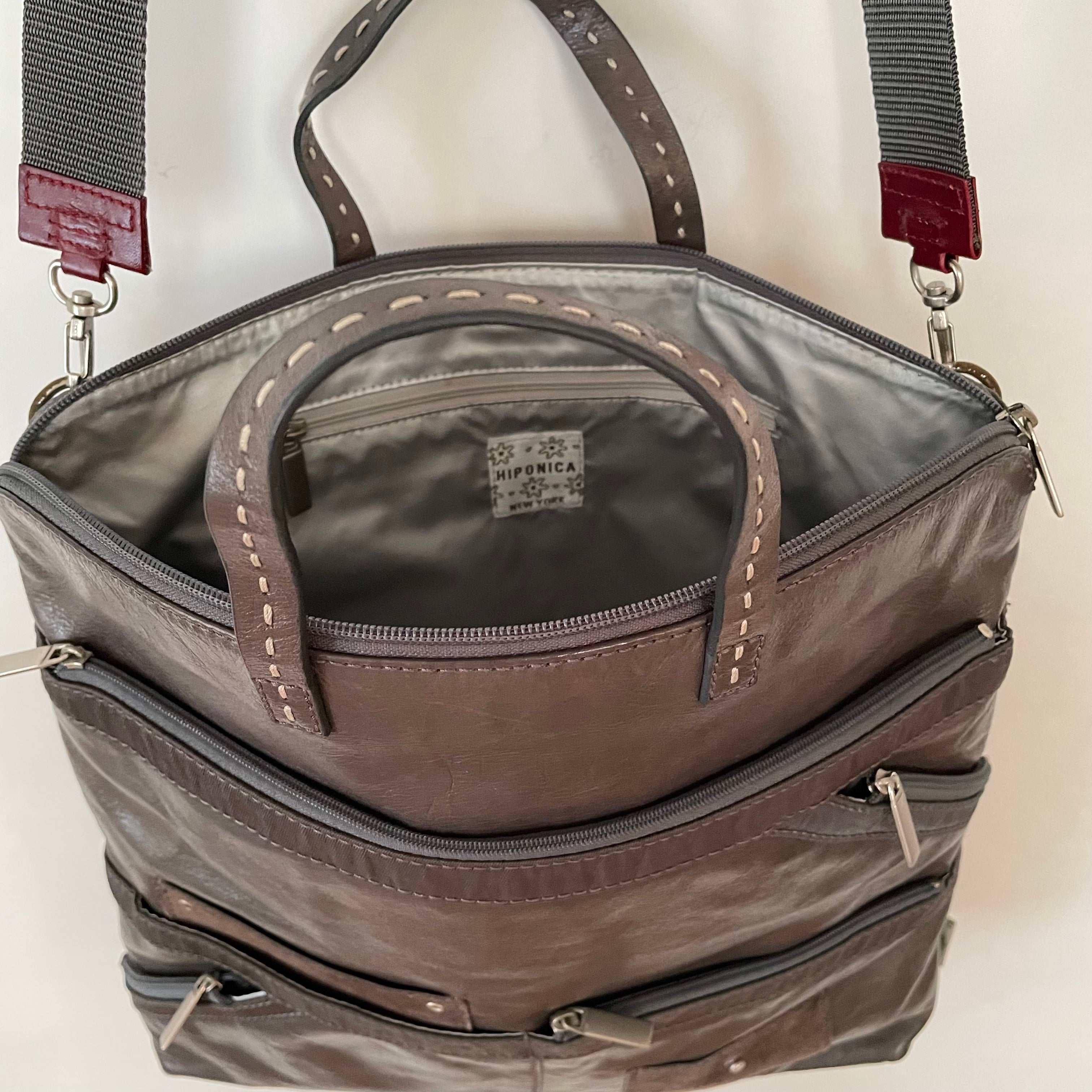 Premium Collection | Leather Shoulder Bag with Nylon Accents and Flower Embroidery and Detachable Adjustable Cross-Body Shoulder Strap | Grey